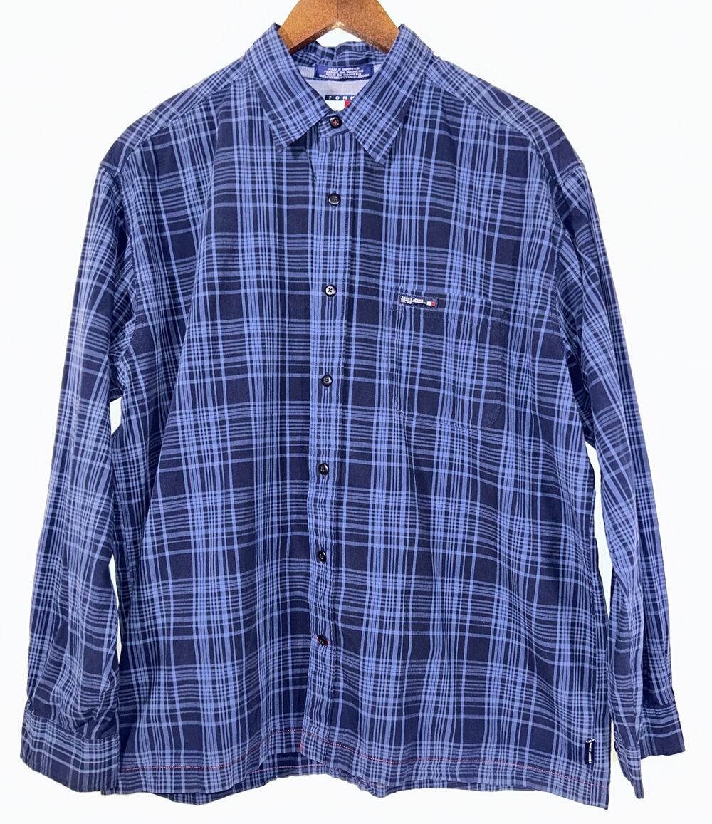 Tommy Hilfiger Jeans Men's Large Blue Plaid Long Sleeve Button Up Shirt